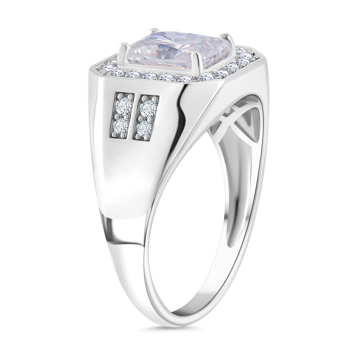 Radiant Cut Moissanite 3.00 ctw Men's Ring in Rhodium Over Sterling Silver (Size 11.0) image number 2