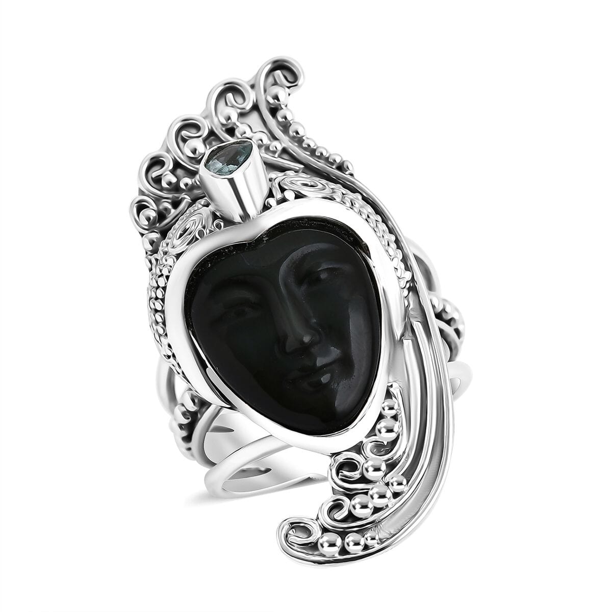 Sajen Silver Rainbow Obsidian Carved and Apatite 7.70 ctw Ring in Sterling Silver image number 0