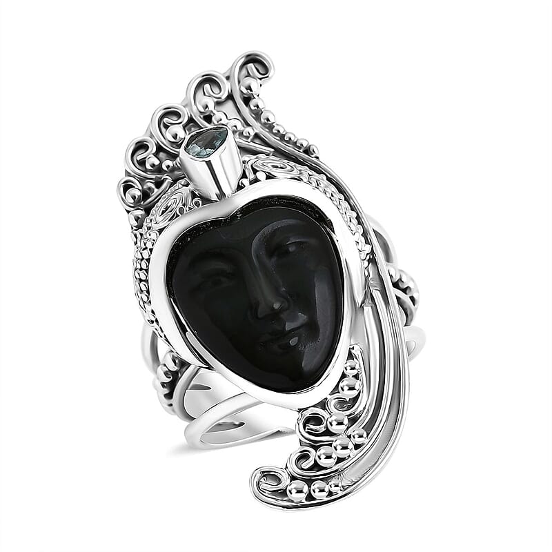 Sajen Silver Rainbow Obsidian Carved and Apatite 7.70 ctw Ring in Sterling Silver (Size 10.0)