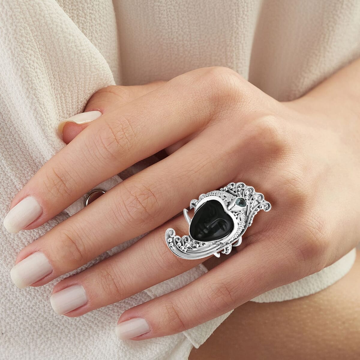 Sajen Silver Rainbow Obsidian Carved and Apatite 7.70 ctw Ring in Sterling Silver image number 2