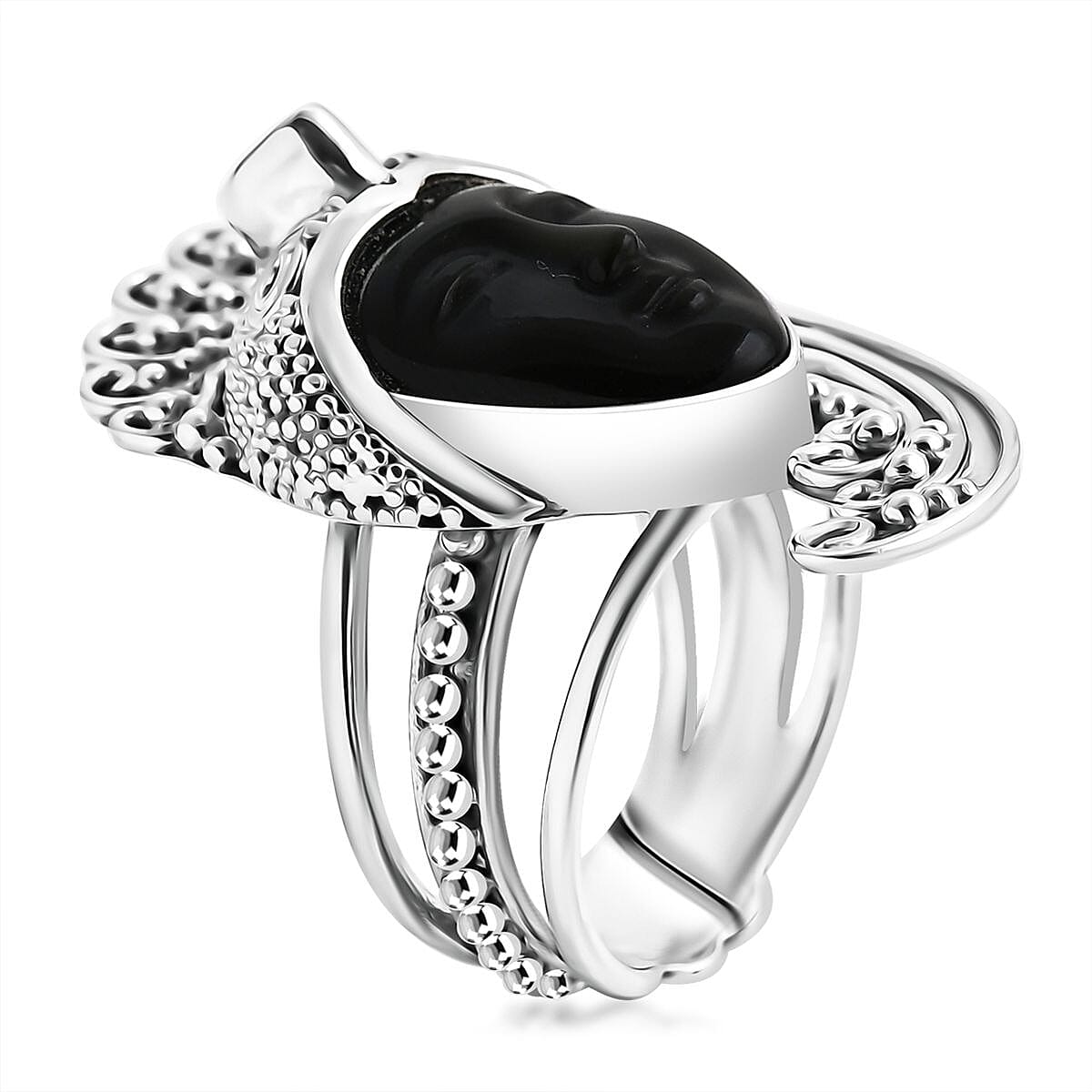 Sajen Silver Rainbow Obsidian Carved and Apatite 7.70 ctw Ring in Sterling Silver (Size 7.0) image number 3