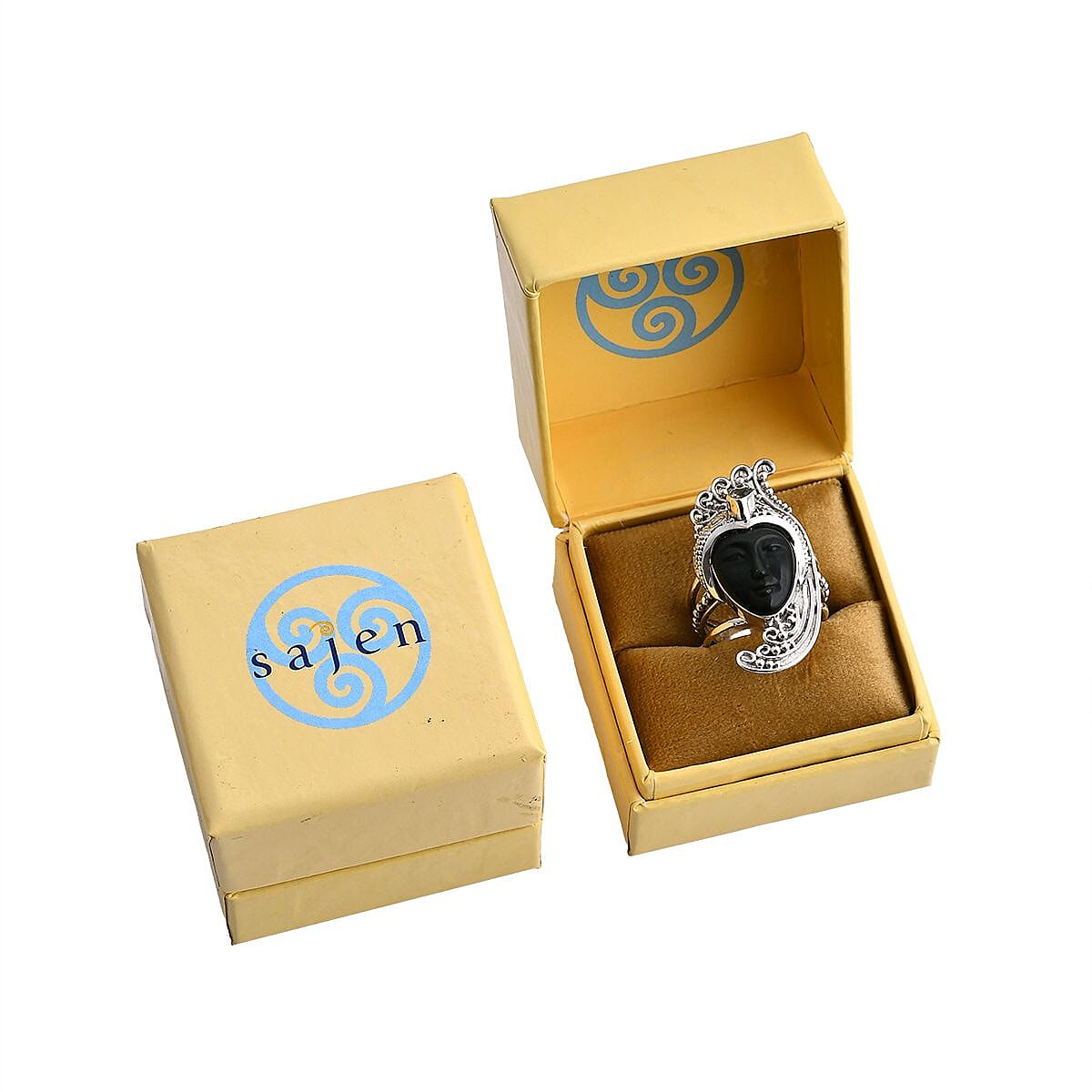 Sajen Silver Rainbow Obsidian Carved and Apatite 7.70 ctw Ring in Sterling Silver (Size 7.0) image number 6