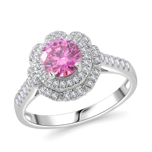 Pink Lotus Coated and White Moissanite 1.35 ctw Floral Ring in Rhodium Over Sterling Silver (Size 10.0)