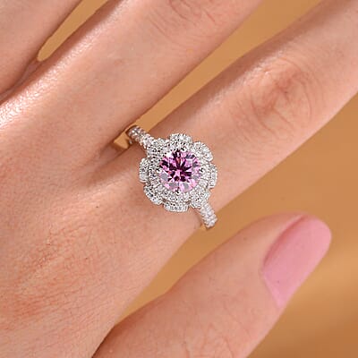 Pink Lotus Coated and White Moissanite 1.35 ctw Floral Ring in Rhodium Over Sterling Silver (Size 10.0)
