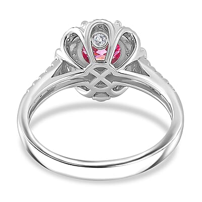 Pink Lotus Coated and White Moissanite 1.35 ctw Floral Ring in Rhodium Over Sterling Silver (Size 10.0)