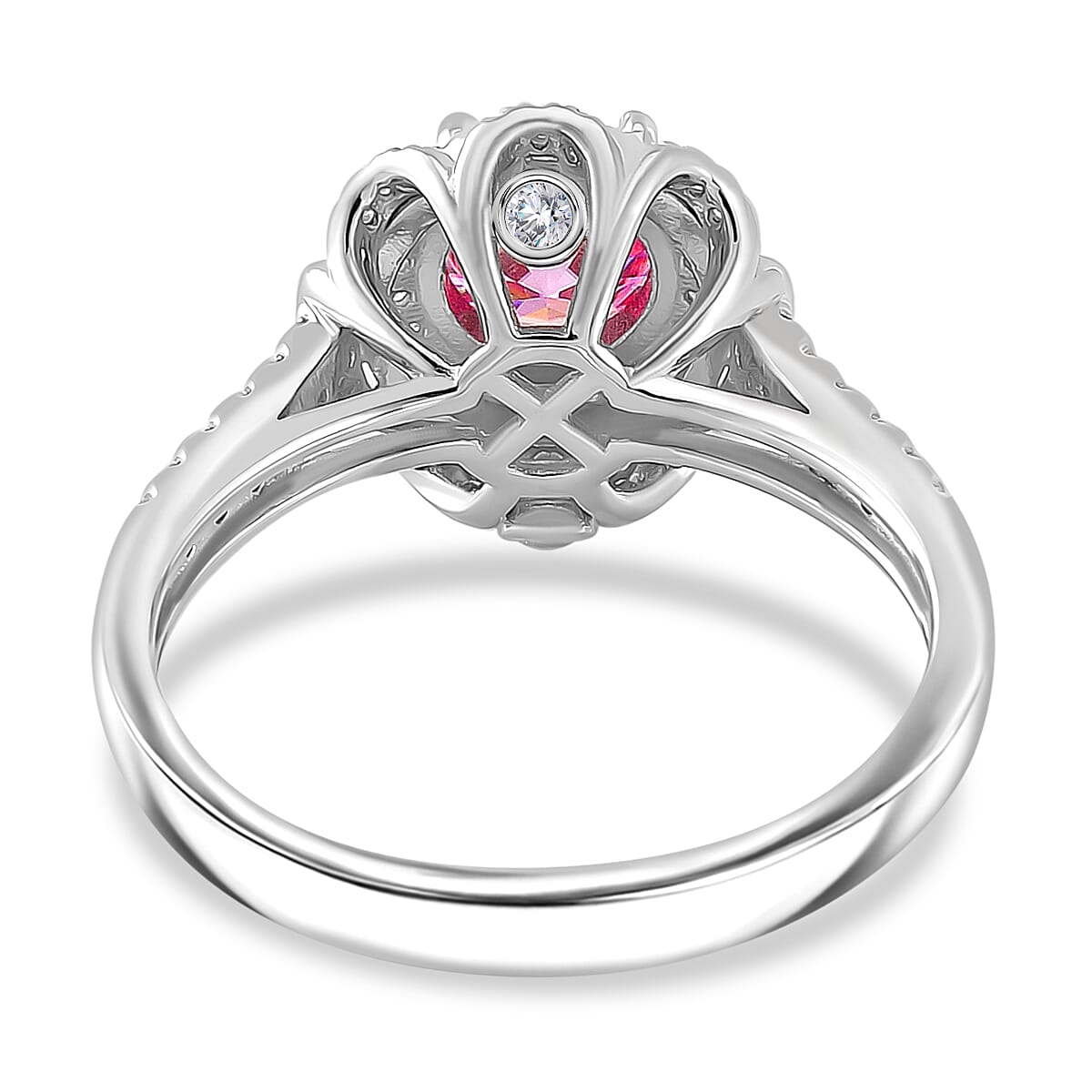 Pink Lotus Coated and White Moissanite 1.35 ctw Floral Ring in Rhodium Over Sterling Silver (Size 5.0) image number 3