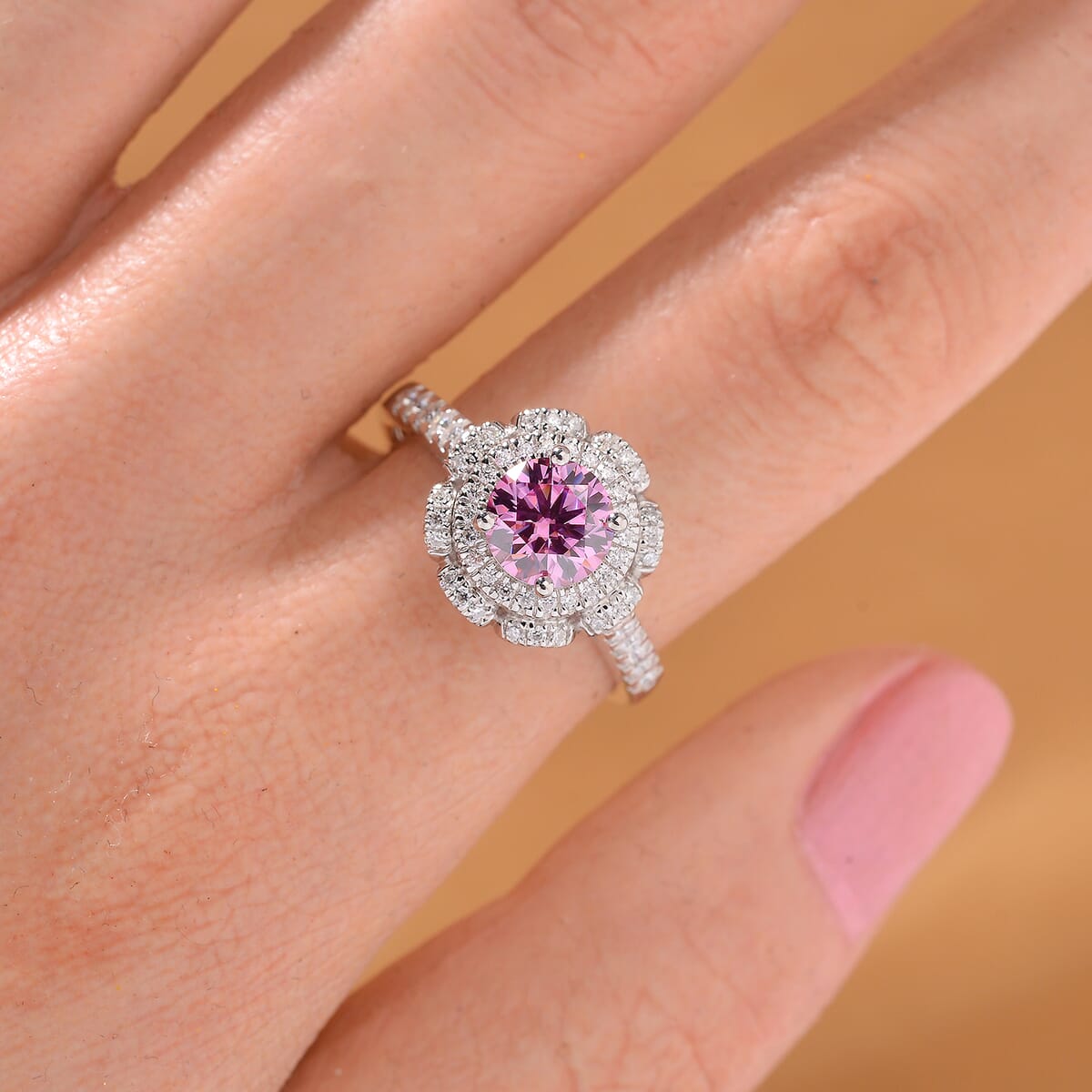Pink Lotus Coated and White Moissanite 1.35 ctw Floral Ring in Rhodium Over Sterling Silver (Size 9.0) image number 1