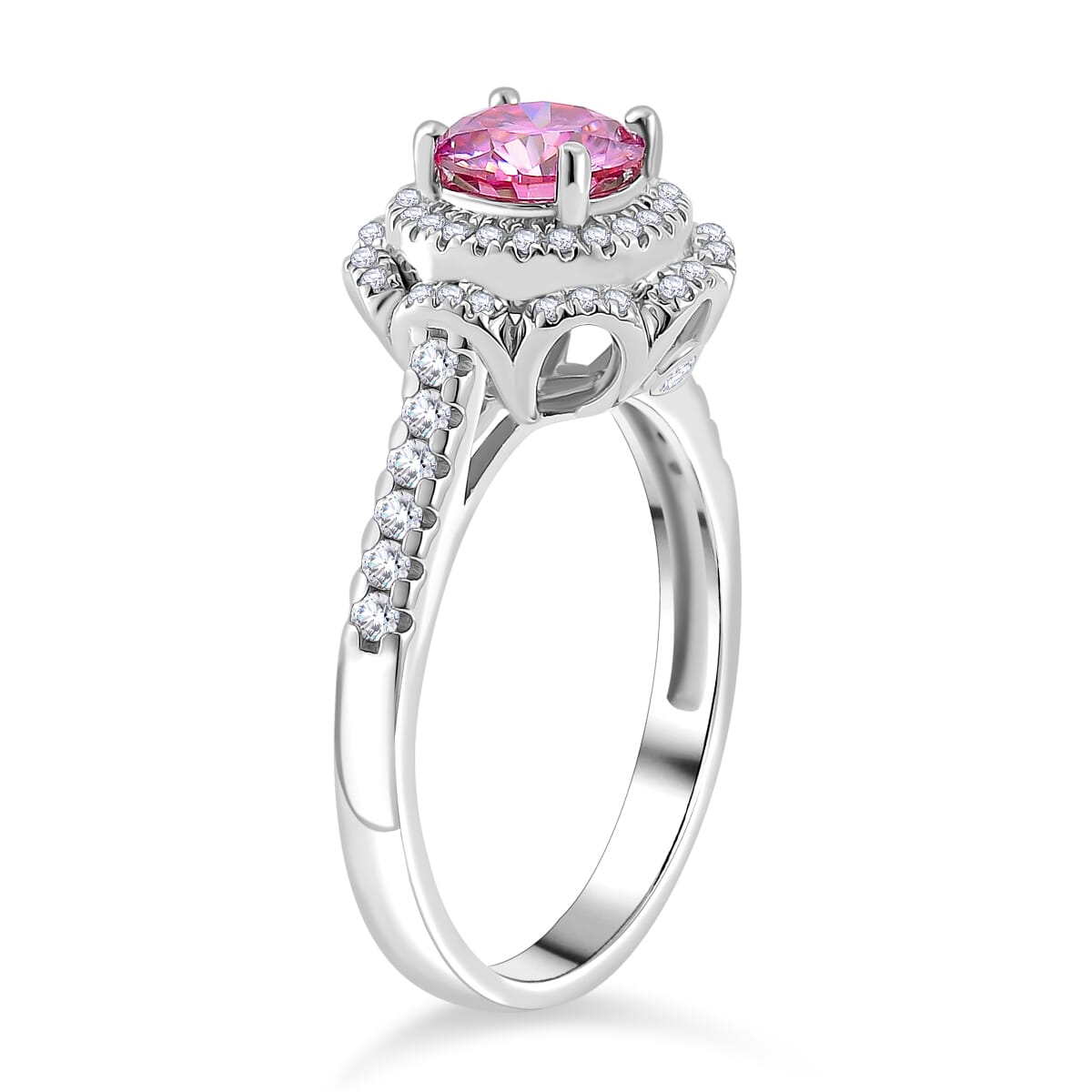 Pink Lotus Coated and White Moissanite 1.35 ctw Floral Ring in Rhodium Over Sterling Silver (Size 9.0) image number 2