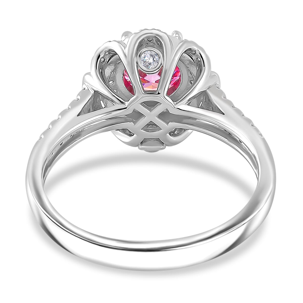 Pink Lotus Coated and White Moissanite 1.35 ctw Floral Ring in Rhodium Over Sterling Silver (Size 9.0) image number 3