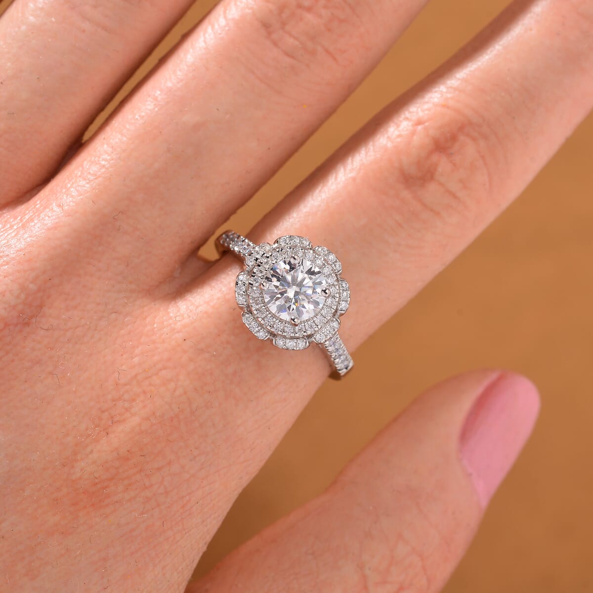 Moissanite 1.35 ctw Floral Ring in Rhodium Over Sterling Silver (Size 10.0) image number 1