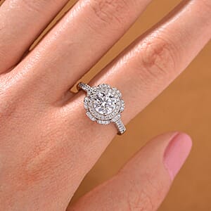 Moissanite 1.35 ctw Floral Ring in Rhodium Over Sterling Silver (Size 7.0)