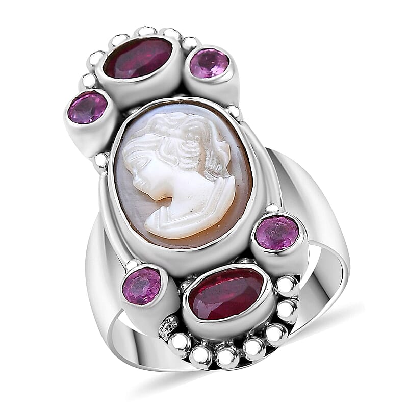 Sajen Silver Pink Cameo and Multi Gemstone 5.20 ctw Ring in Sterling Silver (Size 10.0)