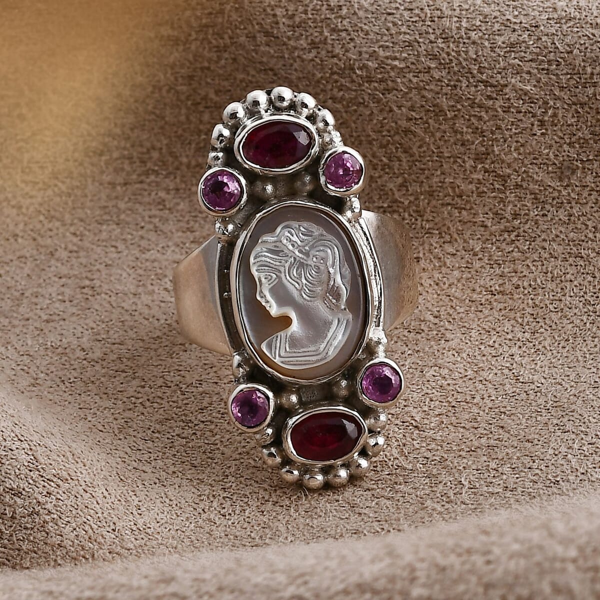 Sajen Silver Pink Cameo and Multi Gemstone 1.50 ctw Ring in Sterling Silver (Size 9.0) image number 1