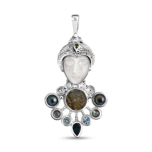 Sajen Silver Mother of Pearl Carved and Multi Gemstone 25.65 ctw Pendant without Chain in Sterling Silver