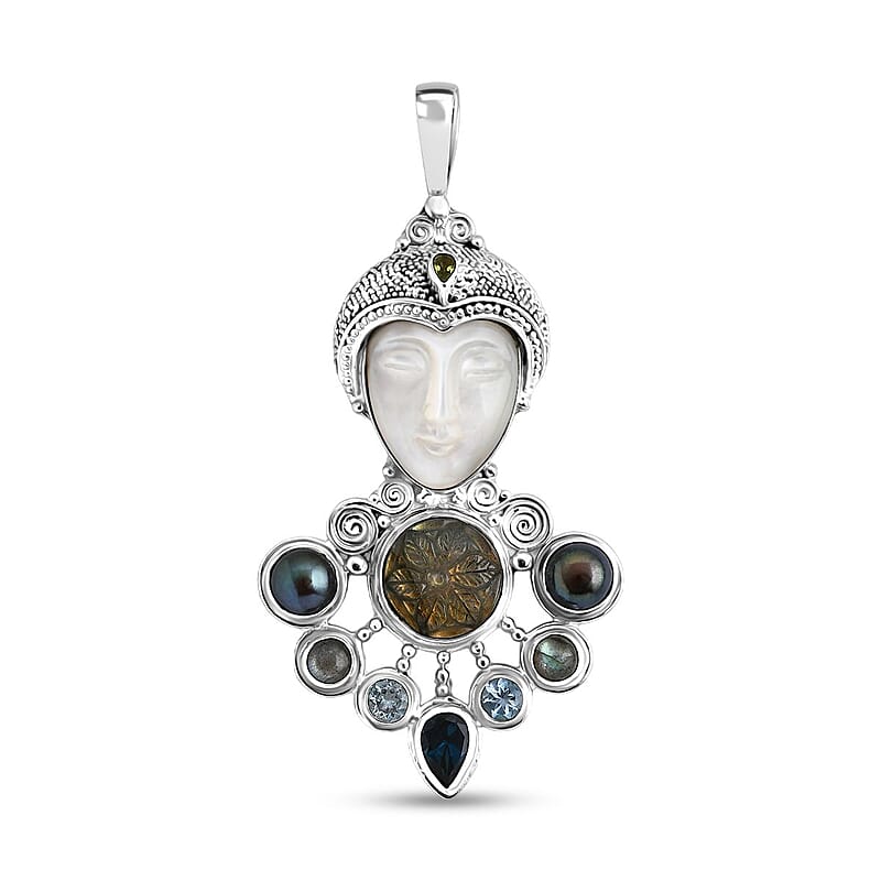 Sajen Silver Mother of Pearl Carved and Multi Gemstone 25.65 ctw Pendant without Chain in Sterling Silver