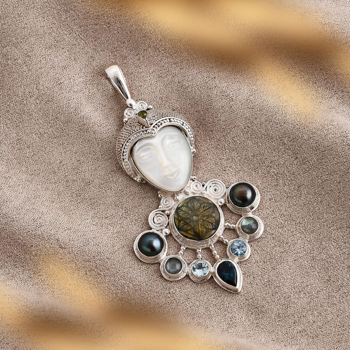 Sajen Silver Mother of Pearl Carved and Multi Gemstone 25.65 ctw Pendant without Chain in Sterling Silver image number 1