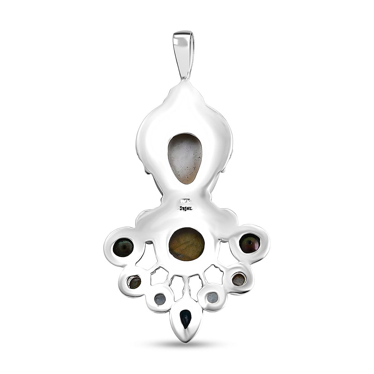 Sajen Silver Mother of Pearl Carved and Multi Gemstone 25.65 ctw Pendant without Chain in Sterling Silver