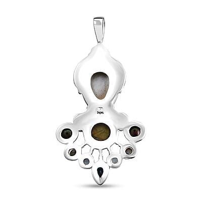 Sajen Silver Mother of Pearl Carved and Multi Gemstone 25.65 ctw Pendant without Chain in Sterling Silver