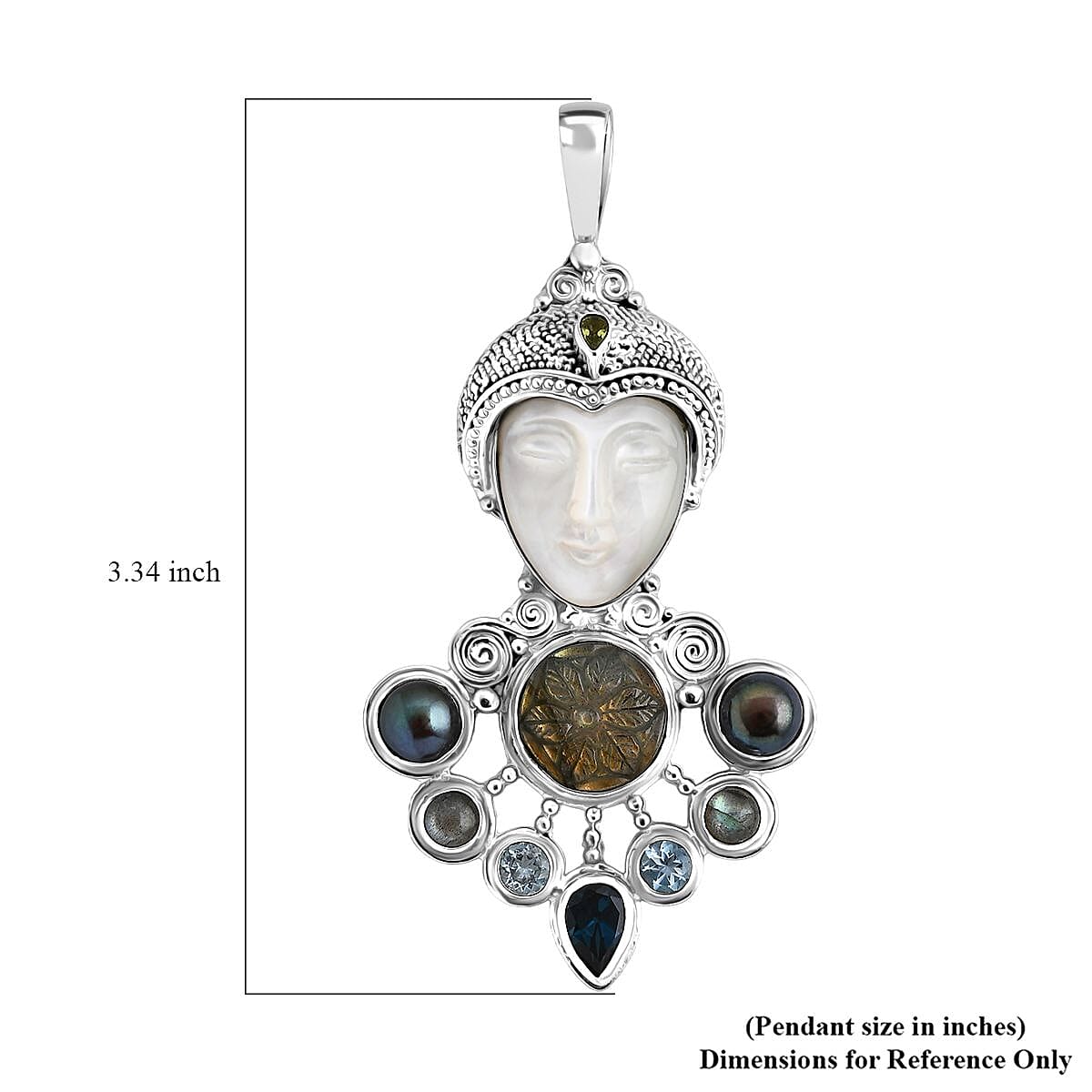 Sajen Silver Mother of Pearl Carved and Multi Gemstone 25.65 ctw Pendant without Chain in Sterling Silver