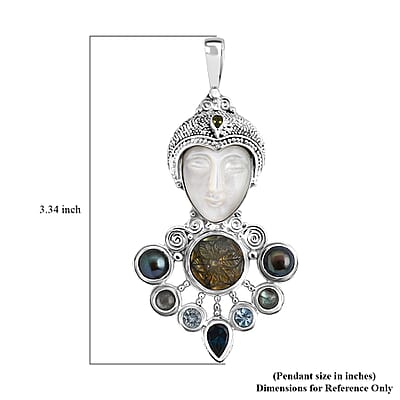 Sajen Silver Mother of Pearl Carved and Multi Gemstone 25.65 ctw Pendant without Chain in Sterling Silver