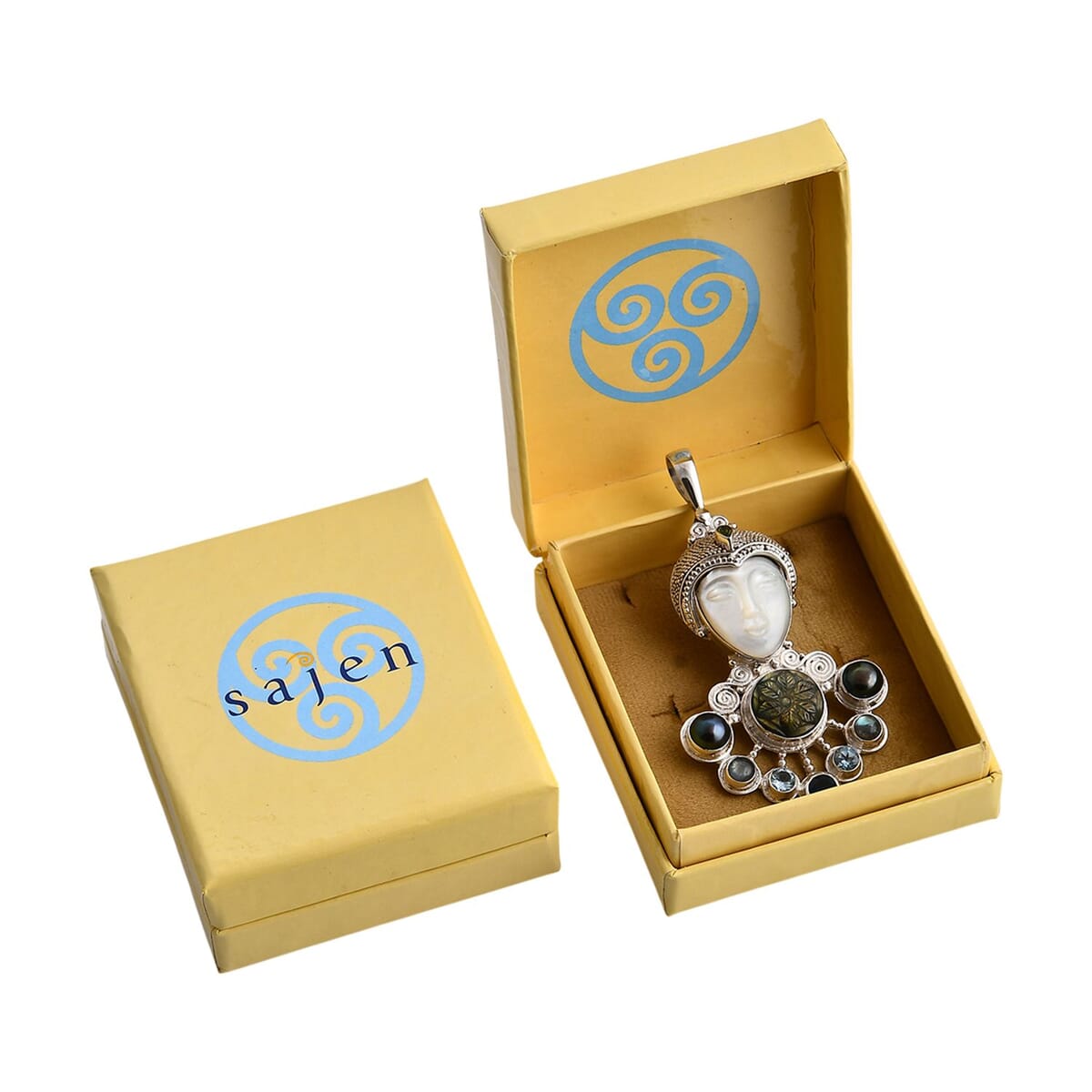Sajen Silver Mother of Pearl Carved and Multi Gemstone 25.65 ctw Pendant without Chain in Sterling Silver image number 6