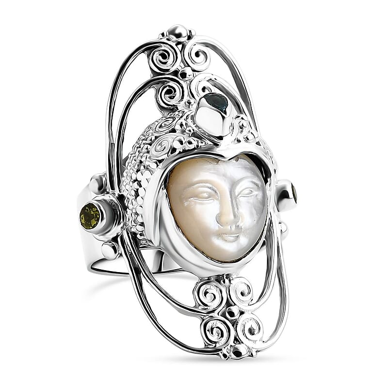 Sajen Silver Mother Of Pearl Carved and Multi Gemstone 0.50 ctw Ring in Sterling Silver (Size 10.0)