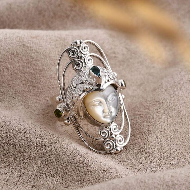Sajen Silver Mother Of Pearl Carved and Multi Gemstone 0.50 ctw Ring in Sterling Silver (Size 10.0)
