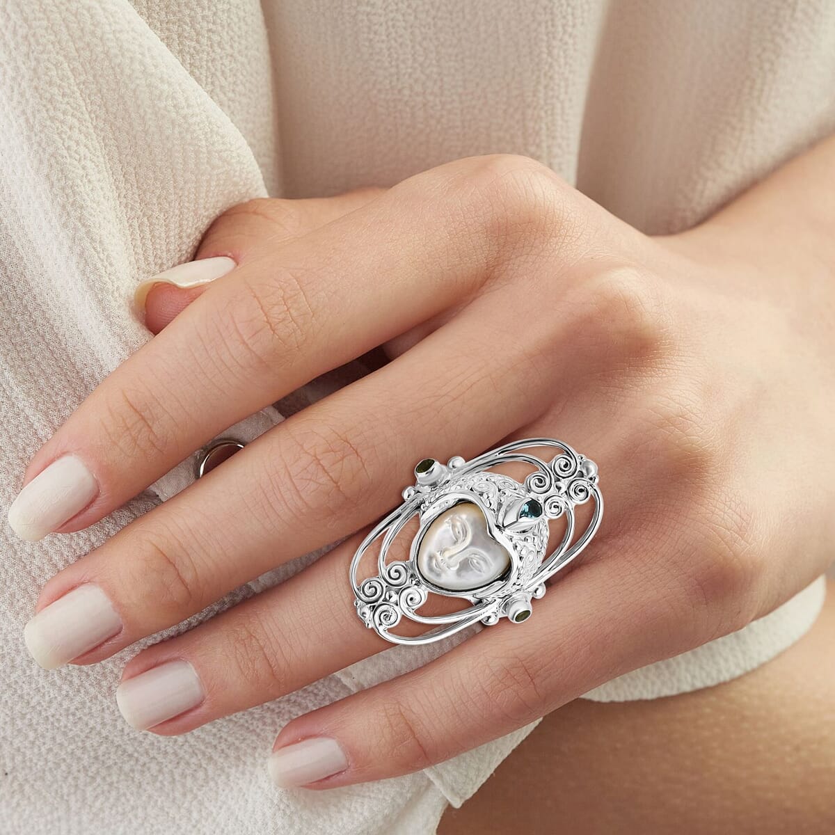 Sajen Silver Mother Of Pearl Carved and Multi Gemstone 0.50 ctw Ring in Sterling Silver (Size 6.0)  image number 1