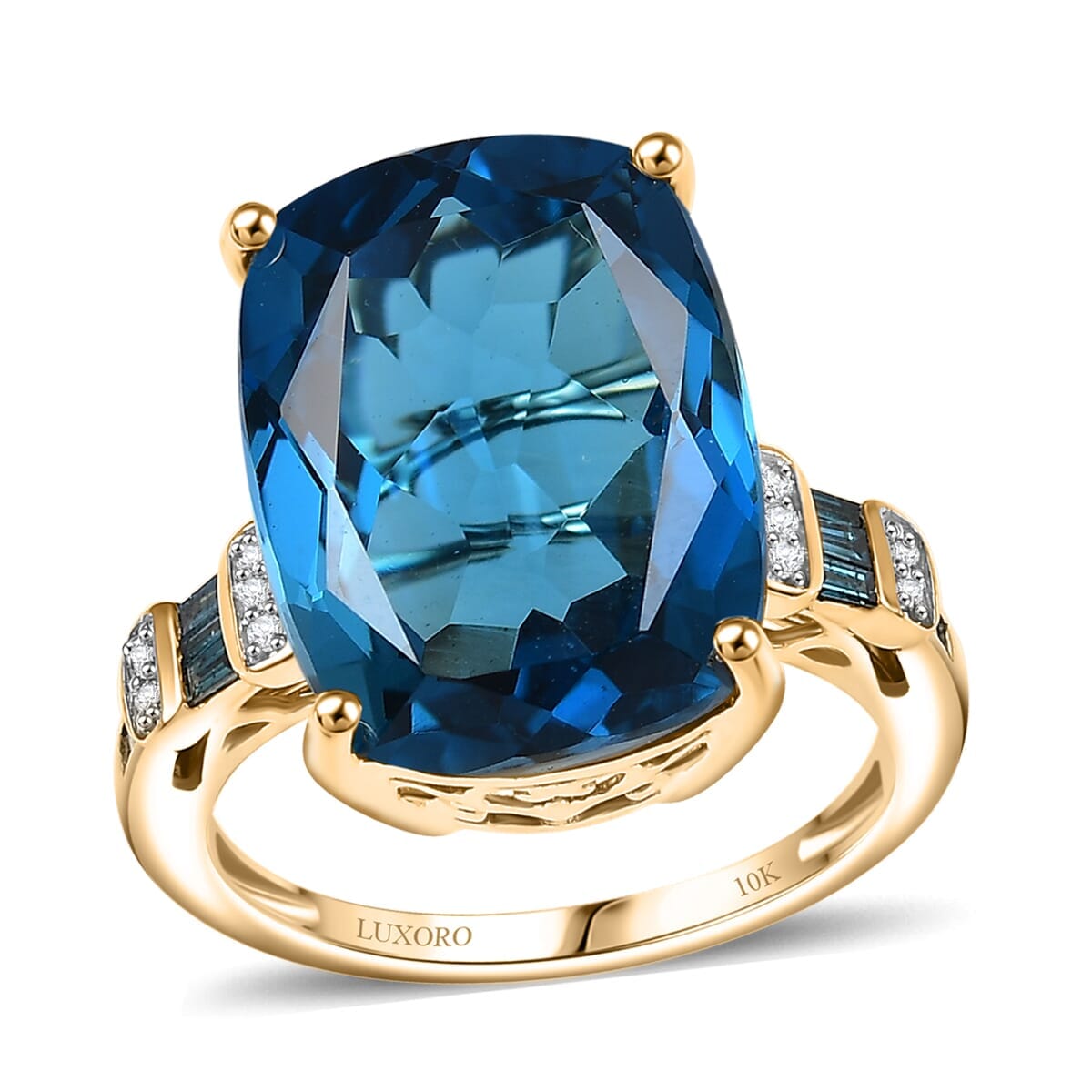 Luxoro Premium London Blue Topaz and Venice Blue and White Diamond I2 16.80 ctw Ocean Wave Ring in 10K Yellow Gold (Size 10.0) image number 0