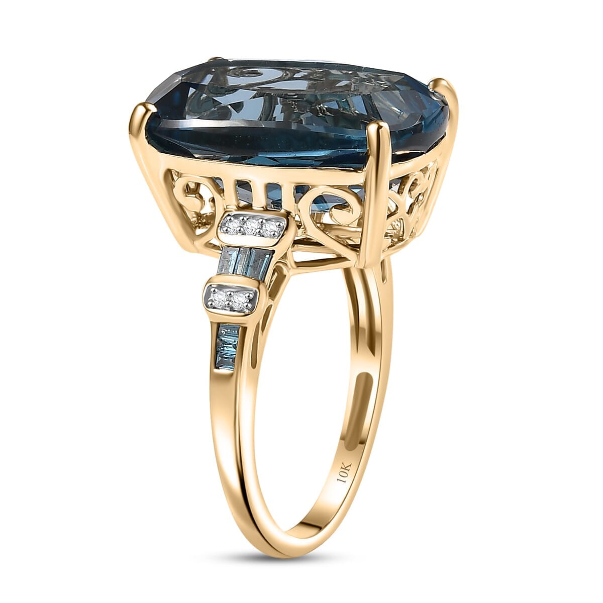 Luxoro Premium London Blue Topaz and Venice Blue and White Diamond I2 16.80 ctw Ocean Wave Ring in 10K Yellow Gold (Size 10.0) image number 3