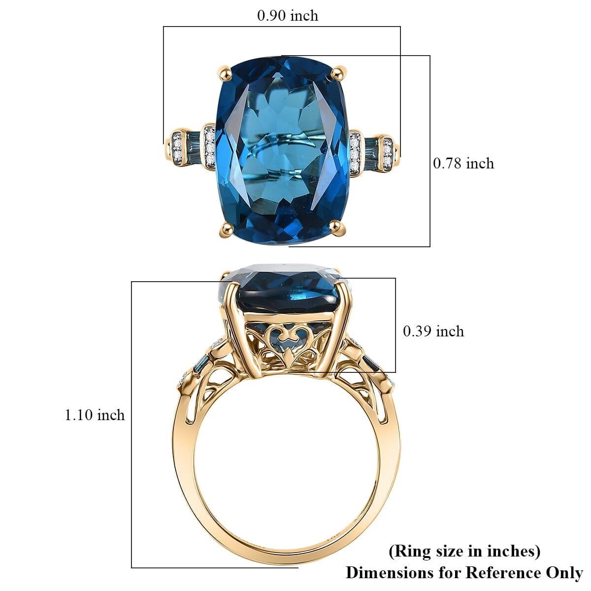 Luxoro Premium London Blue Topaz and Venice Blue and White Diamond I2 16.80 ctw Ocean Wave Ring in 10K Yellow Gold (Size 10.0) image number 5