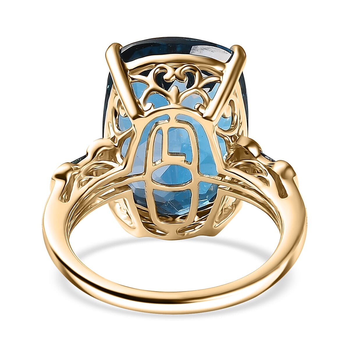 Luxoro Premium London Blue Topaz and Venice Blue and White Diamond I2 16.80 ctw Ocean Wave Ring in 10K Yellow Gold (Size 7.0) image number 4