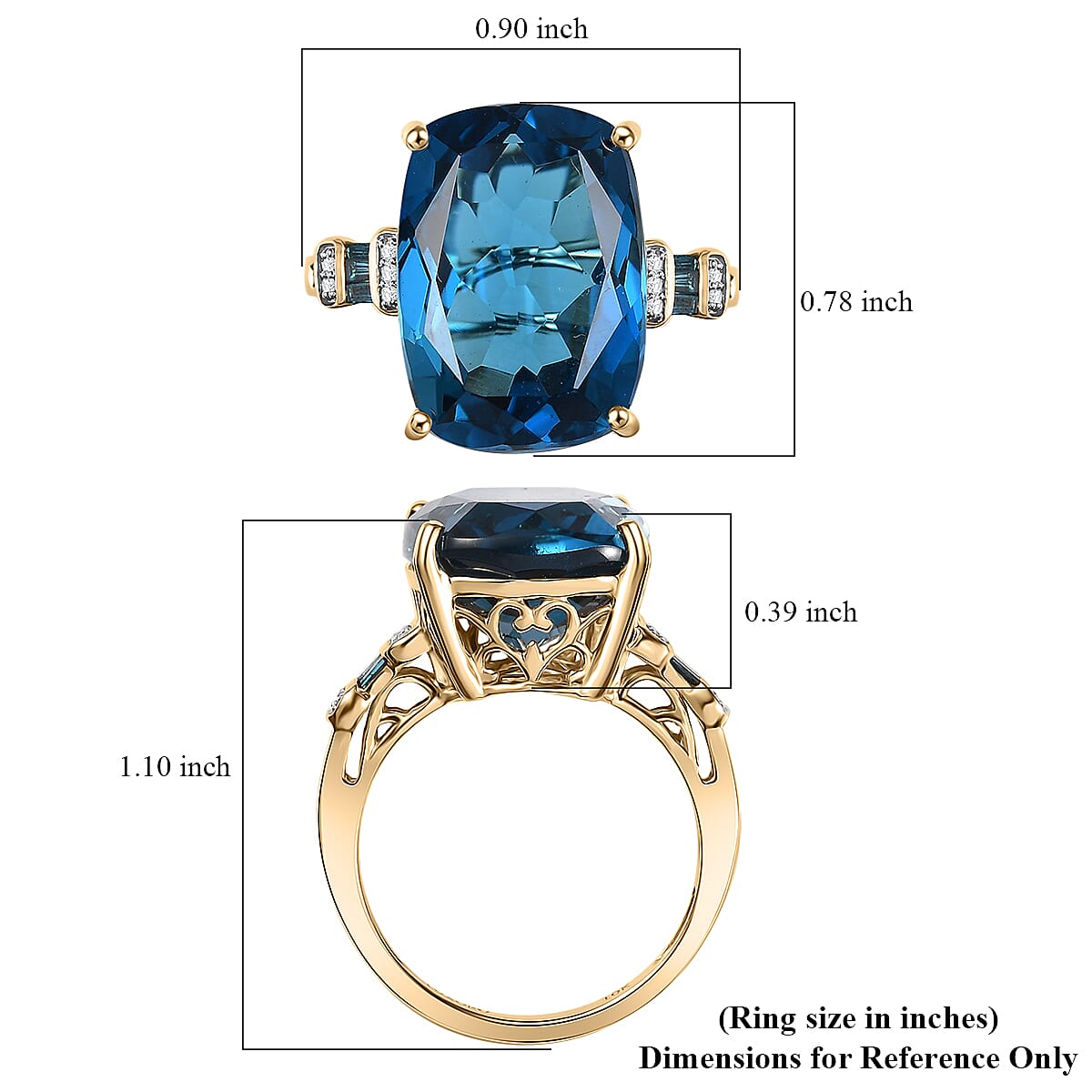 Luxoro Premium London Blue Topaz and Venice Blue and White Diamond I2 16.80 ctw Ocean Wave Ring in 10K Yellow Gold (Size 9.0) image number 5