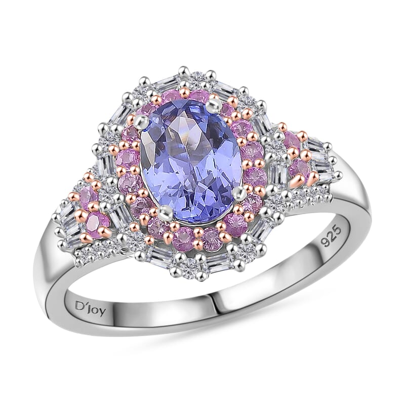 D'Joy Tanzanite and Multi Gemstone 2.30 ctw Rosefire Ring in 18K Vermeil RG and Rhodium Over Sterling Silver (Size 6.0)