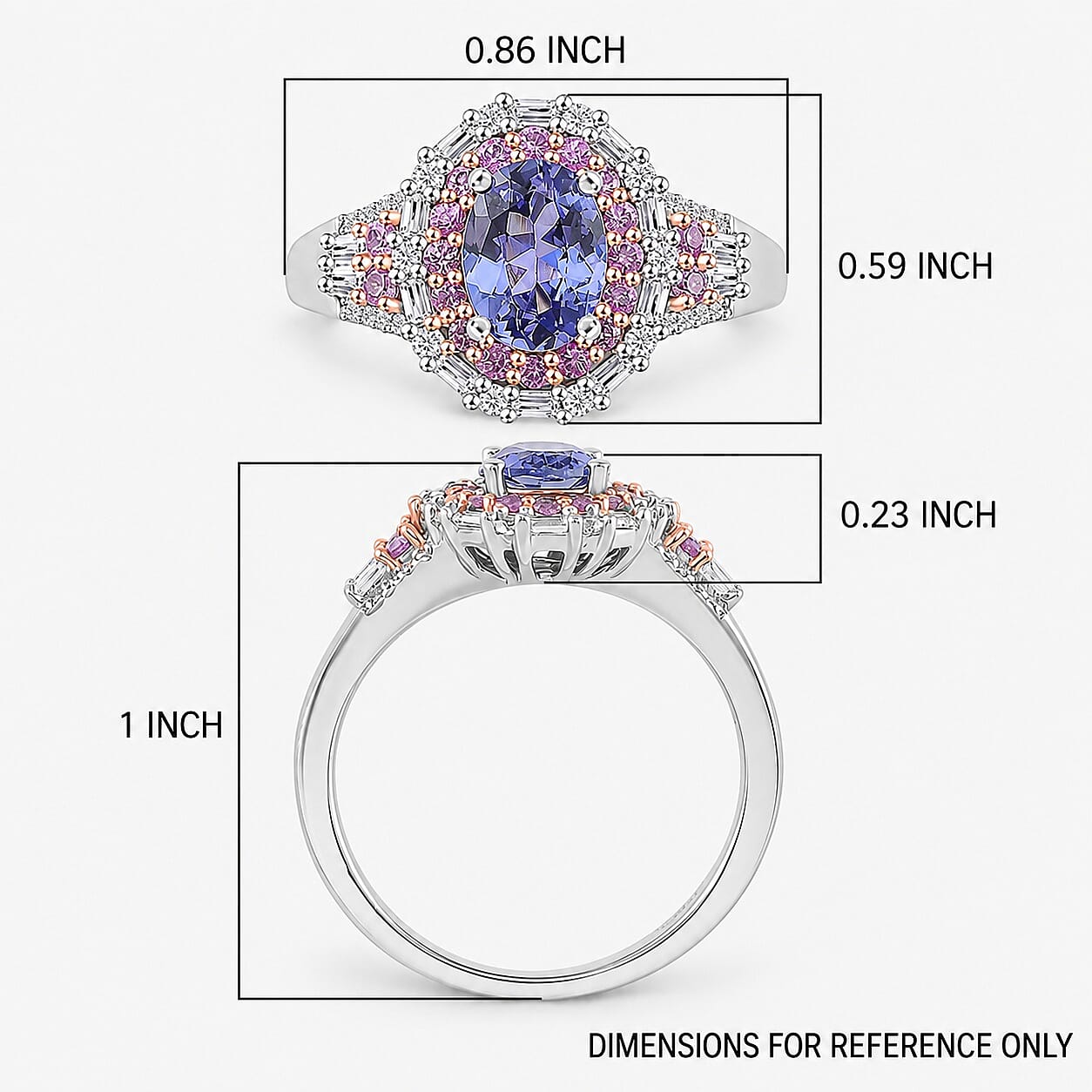 D'Joy Tanzanite and Multi Gemstone 2.30 ctw Rosefire Ring in 18K Vermeil RG and Rhodium Over Sterling Silver (Size 6.0)