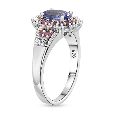 D'Joy Tanzanite and Multi Gemstone 2.30 ctw Rosefire Ring in 18K Vermeil RG and Rhodium Over Sterling Silver (Size 8.0)