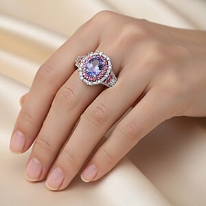 D'Joy Tanzanite and Multi Gemstone 2.30 ctw Rosefire Ring in 18K Vermeil RG and Rhodium Over Sterling Silver (Size 9.0)