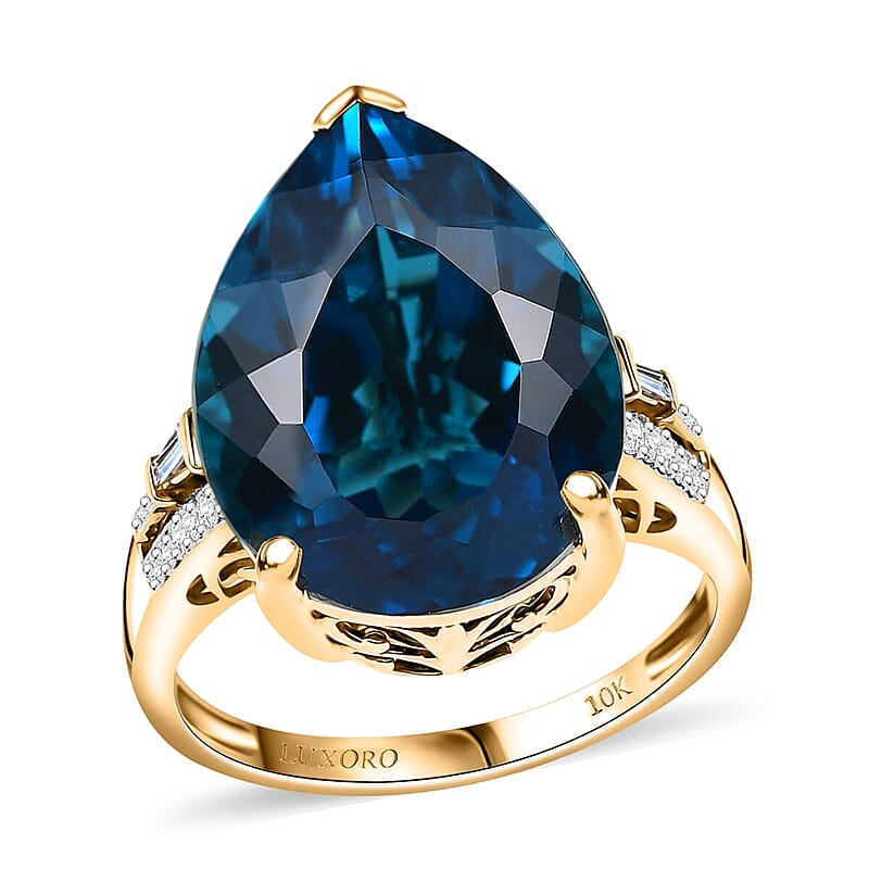 Luxoro Premium London Blue Topaz and G-H I2 Diamond 21.40 ctw Droplet Ring in 10K Yellow Gold (Size 10.0)