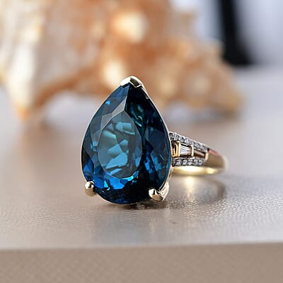 Luxoro Premium London Blue Topaz and G-H I2 Diamond 21.40 ctw Droplet Ring in 10K Yellow Gold (Size 10.0)