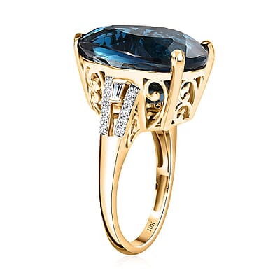 Luxoro Premium London Blue Topaz and G-H I2 Diamond 21.40 ctw Droplet Ring in 10K Yellow Gold (Size 10.0)