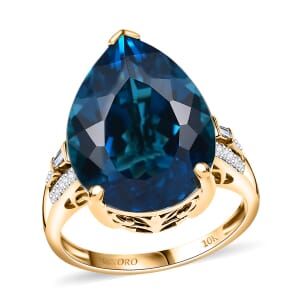 Luxoro Premium London Blue Topaz and G-H I2 Diamond 21.40 ctw Droplet Ring in 10K Yellow Gold (Size 5.0)