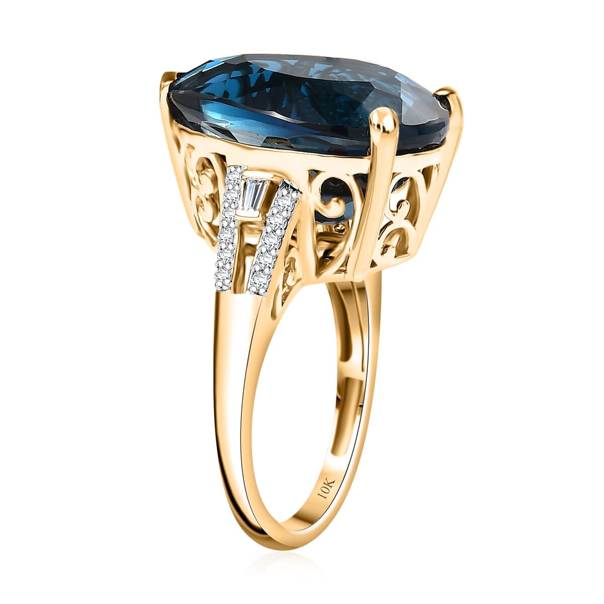 Luxoro Premium London Blue Topaz and G-H I2 Diamond 21.40 ctw Droplet Ring in 10K Yellow Gold (Size 5.0) image number 3