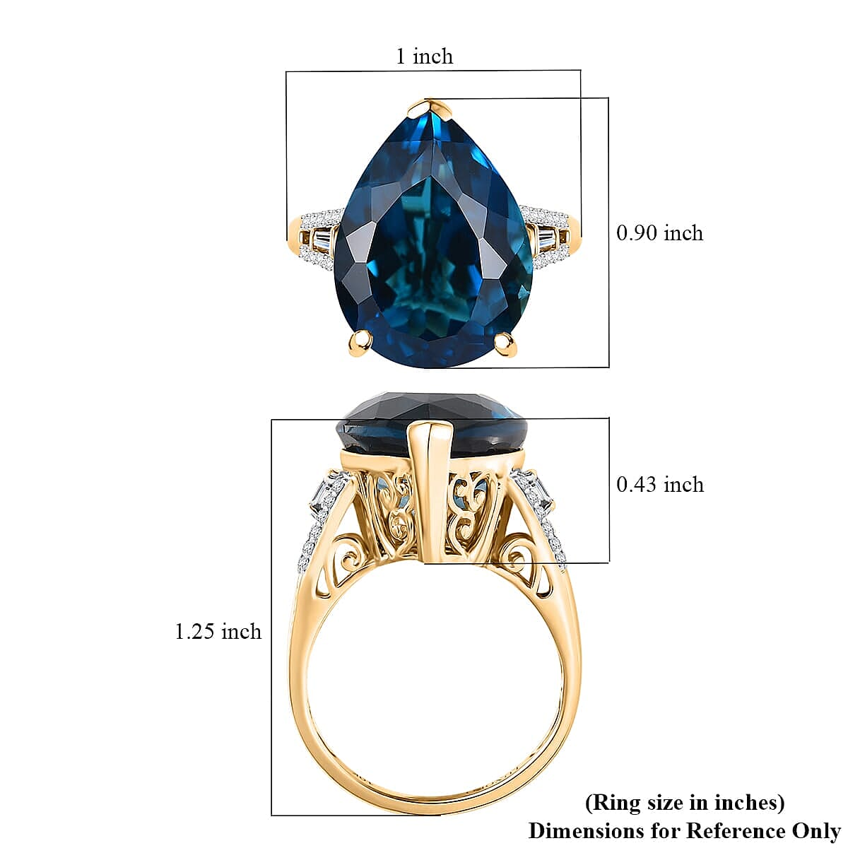 Luxoro Premium London Blue Topaz and G-H I2 Diamond 21.40 ctw Droplet Ring in 10K Yellow Gold (Size 5.5) image number 5