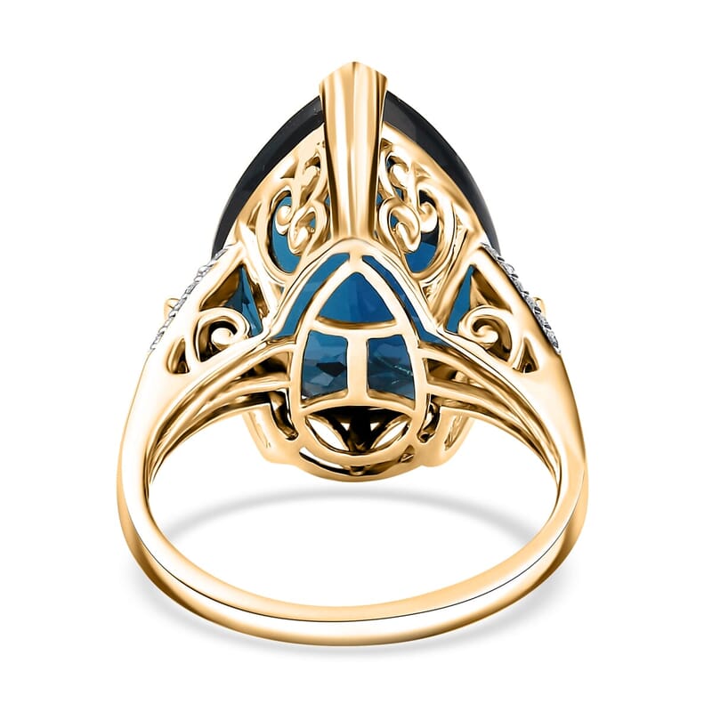 Luxoro Premium London Blue Topaz and G-H I2 Diamond 21.40 ctw Droplet Ring in 10K Yellow Gold (Size 6.0)