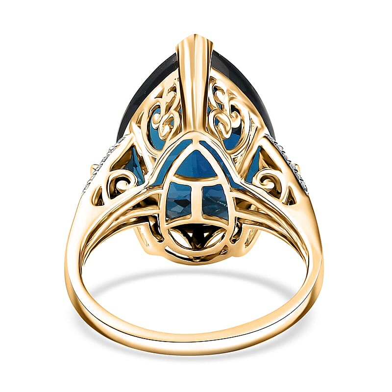 Luxoro Premium London Blue Topaz and G-H I2 Diamond 21.40 ctw Droplet Ring in 10K Yellow Gold (Size 6.0)