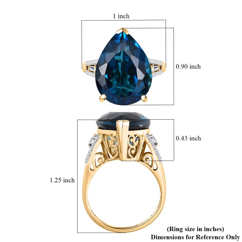 Luxoro Premium London Blue Topaz and G-H I2 Diamond 21.40 ctw Droplet Ring in 10K Yellow Gold (Size 6.0)