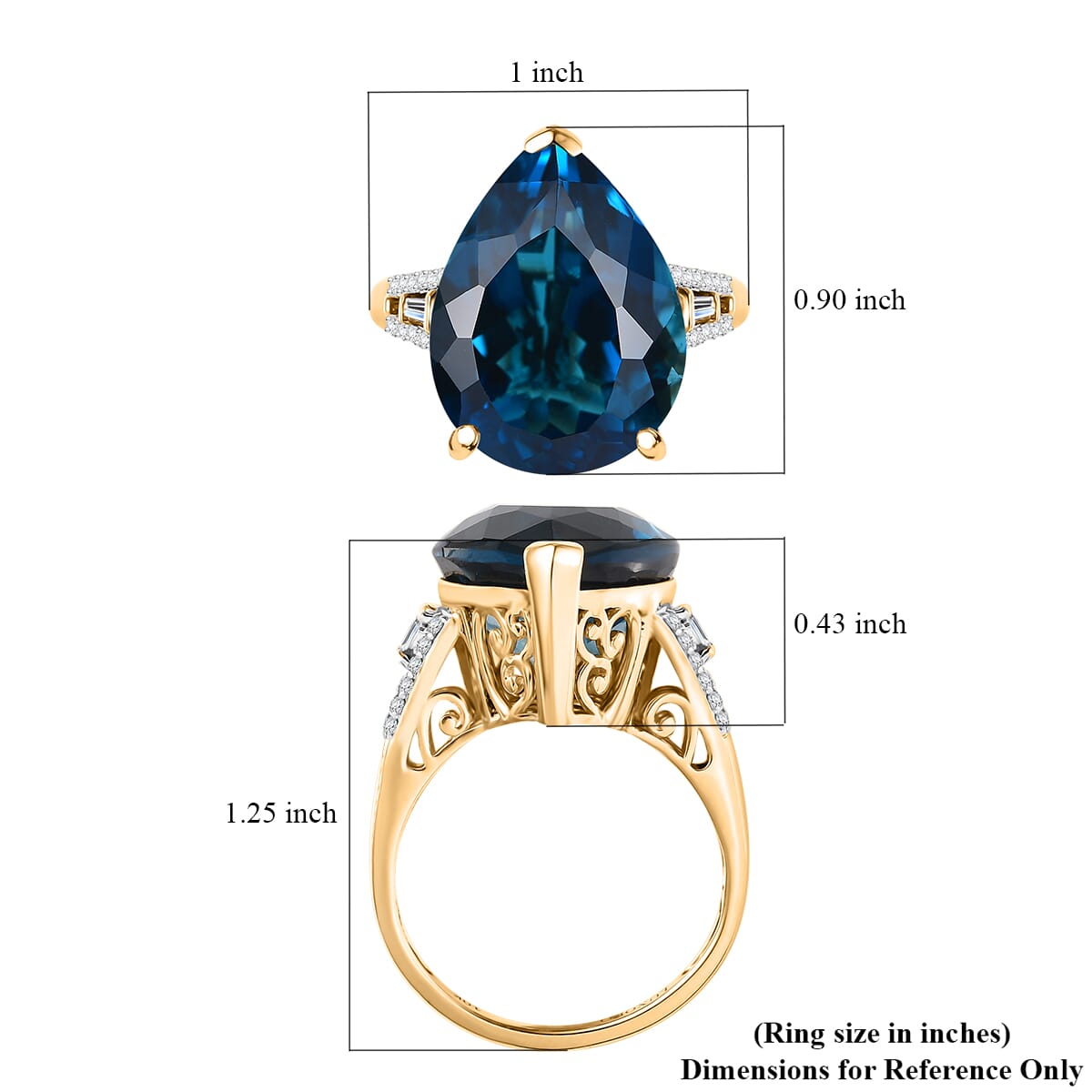 Luxoro Premium London Blue Topaz and G-H I2 Diamond 21.40 ctw Droplet Ring in 10K Yellow Gold (Size 8.0) image number 5