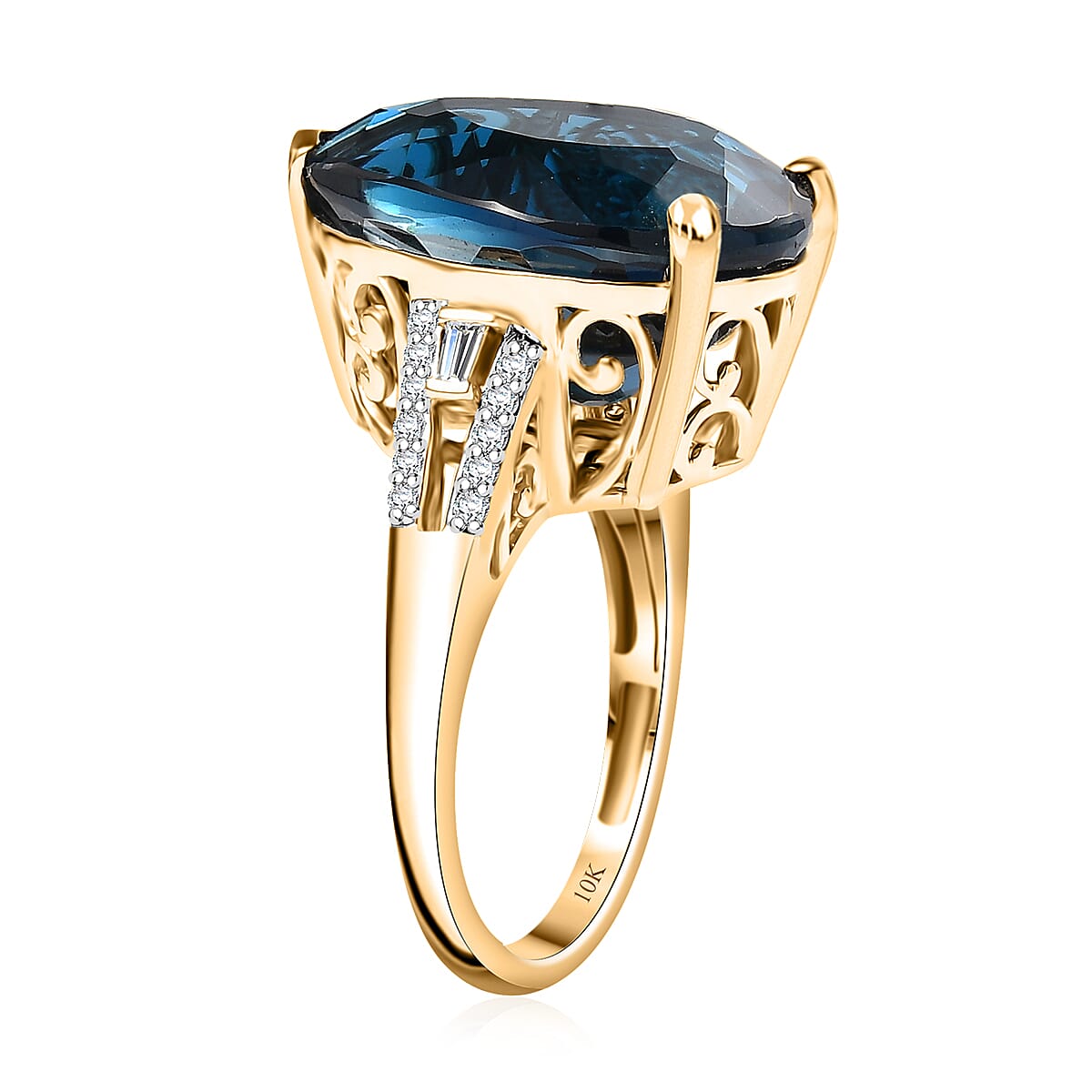 Luxoro Premium London Blue Topaz and G-H I2 Diamond 21.40 ctw Droplet Ring in 10K Yellow Gold (Size 9.0) image number 3