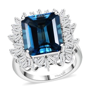 D'Joy Premium London Blue Topaz and White Zircon 12.85 ctw Royal Radiance Ring in Rhodium Over Sterling Silver (Size 7.0)