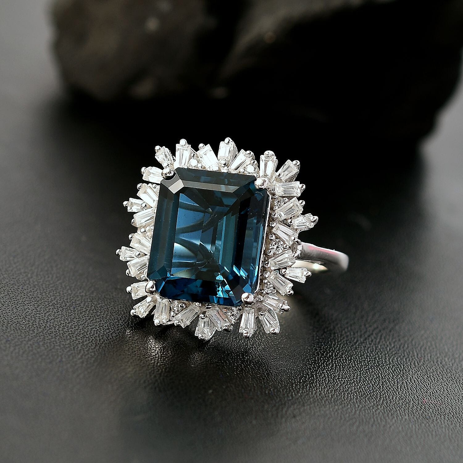 Premium London Blue Topaz, White Zircon Ring in Rhodium Over Sterling Silver (Size 6.0) 13.85 ctw